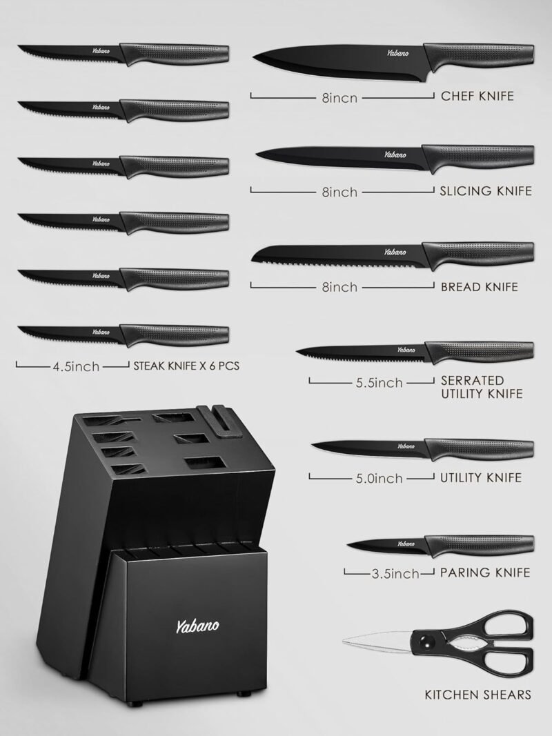 Knife Set, Yabano 14 Pieces Knife Block Set with Built-in Sharpener, Sharp Black Kitchen Knife Set with Block, Dishwasher Safe - Image 2