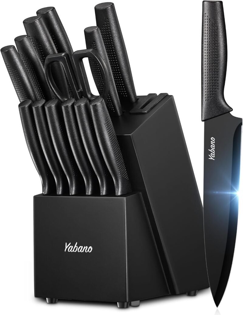 Knife Set, Yabano 14 Pieces Knife Block Set with Built-in Sharpener, Sharp Black Kitchen Knife Set with Block, Dishwasher Safe